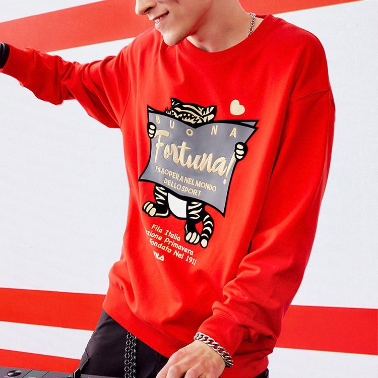 Fila Year Of The Tiger Collection Fun Pattern Sports Knit Pullover Letter Round Neck Sweatshirt Unisex Sweatshirt Legendary-Red F11U219203F-RD