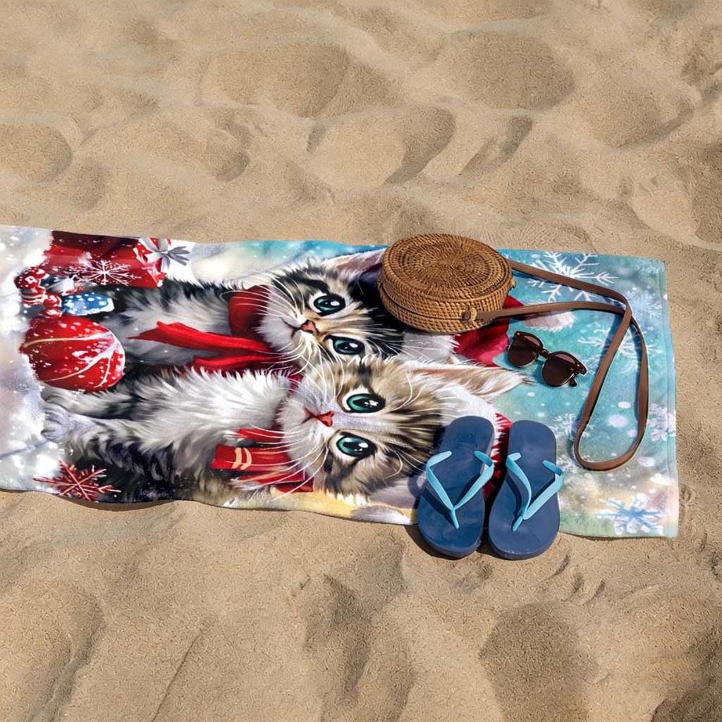 Christmas Kitten Santa Snowflake Print Beach Towel High Quality Polyester Easy Clean Towel for Beach Pool Picnic Couple Travel G