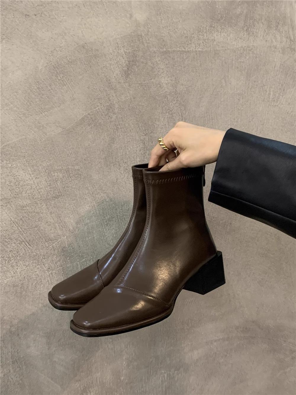 

thick heel square head thin velvet Martin boots women s shoes 2025 new autumn single boots Korean version high heel niche short boots women 39