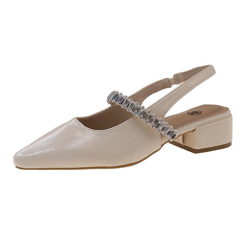 One word with rhinestone sandals women's summer new bag head half drag thick heel shoes pointed single shoes women's outer wear