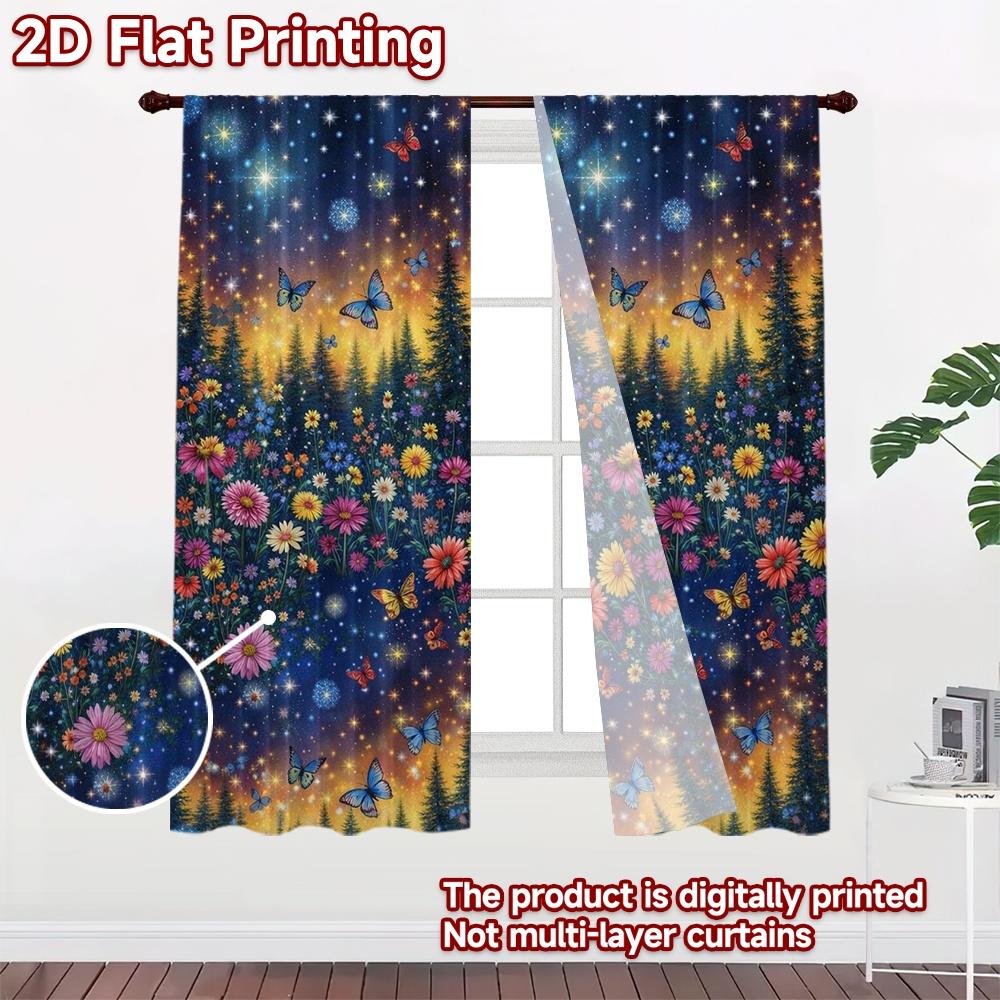 2D FLAT PRINTING 2pcs Curtains (Without Rod) Starry Night Garden Fashionable Chic Curtains Versatile Polyester Curtains weet