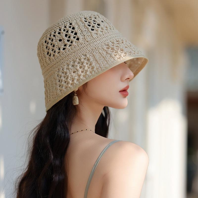 Women S Hollow Knit Breathable Fisherman Hat Sun Protection Face Slimming Casual Sun Hat