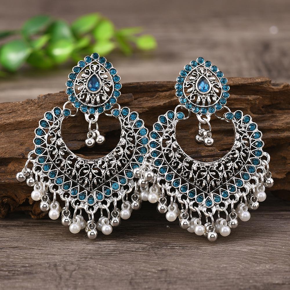 Retro Indian Alloy Rice Bead Tassel Earrings with Scenic Design