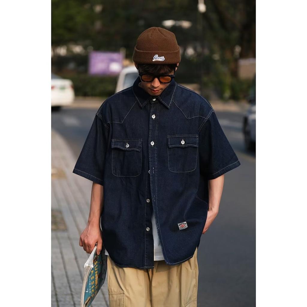 Japonská retro módní značka Letní volná džínová košile s krátkým rukávem Umělecká košile pro mladé Pracovní oděv Pánská a dámská vrstvená bunda