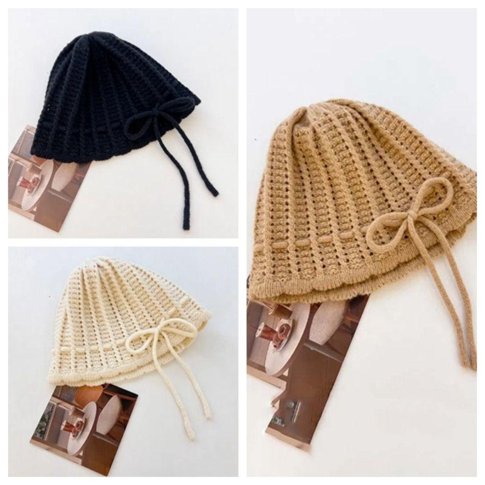 Korean Style Bow Knitted Hat All-match Brimless Beanie Cap Personality Crochet Pullover Cap Spring