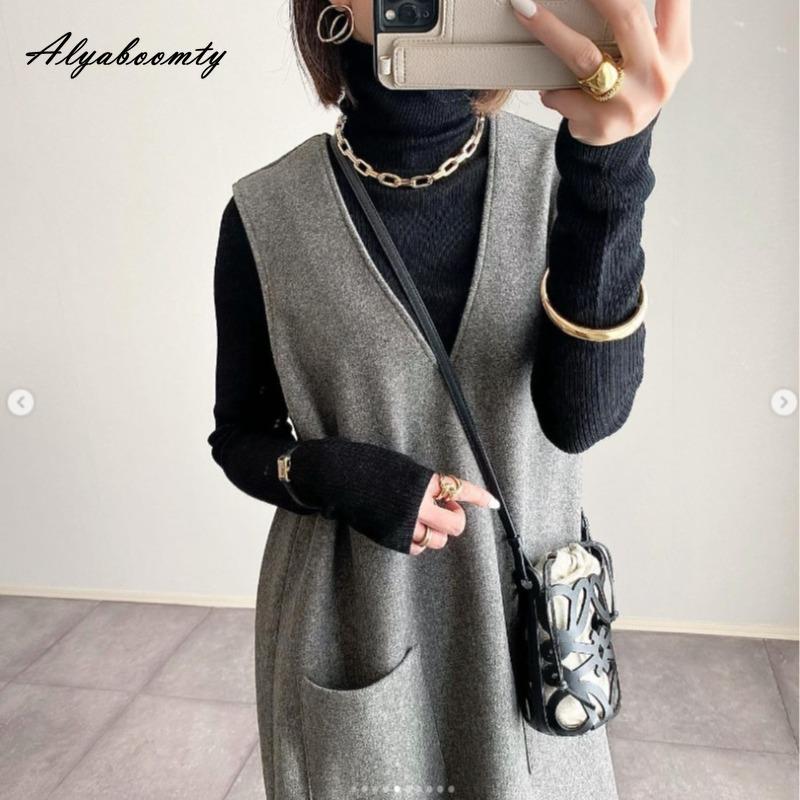 Korean Style Fall Winter Women Sundress V Neck Black Gray Woolen Midi Sleeveless Dress Warm Wool Tank Dress With Pockets