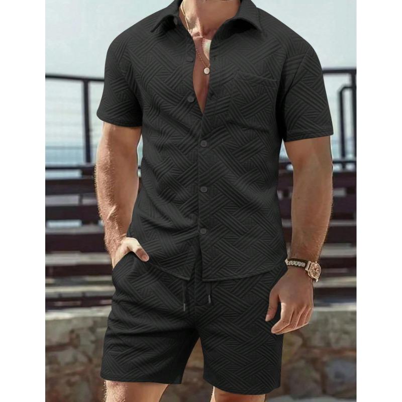 Men s Geometric Textured Two Piece Set Short Sleeve Shirt And Shorts S чёрный