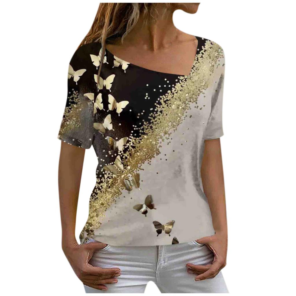 Sommer 3D-gedruckte Marmor Tie Dye Serie Damen Casual Schräghals Kurzarm T-Shirt