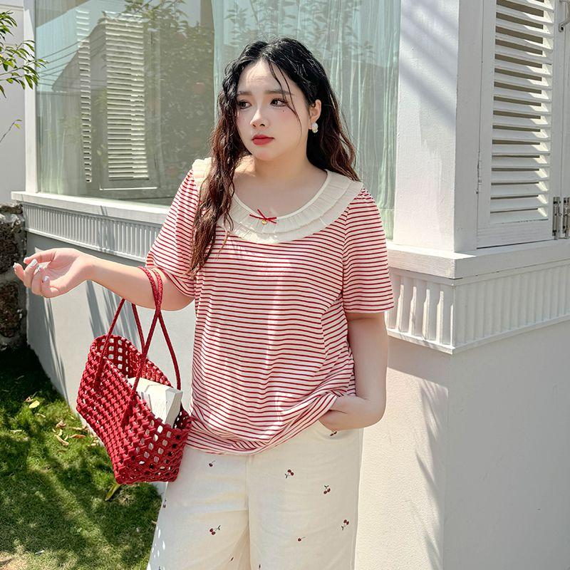 

Plus size women clothing [French style Sweet Shirt] Bow Ruffled Collar Patchwork Loose Stripe Summer Short sleeve T-shirt Apricot bottom red strip 6XL