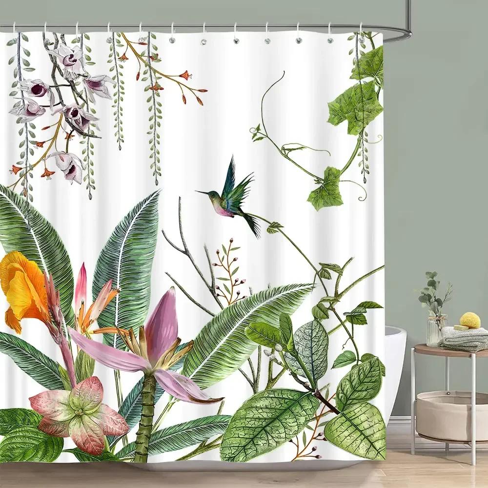 Hummingbird Floral Shower Curtain Birds Watercolour on Flower Branches Printed Polyester Bath Curtains Bathroom Decor with Hooks