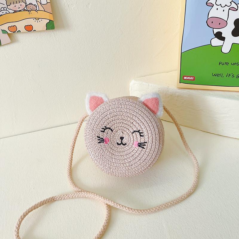 Fashionable Mini Cat-themed Weaved Purse For Kids Versatile Everyday Use Design Two Pink