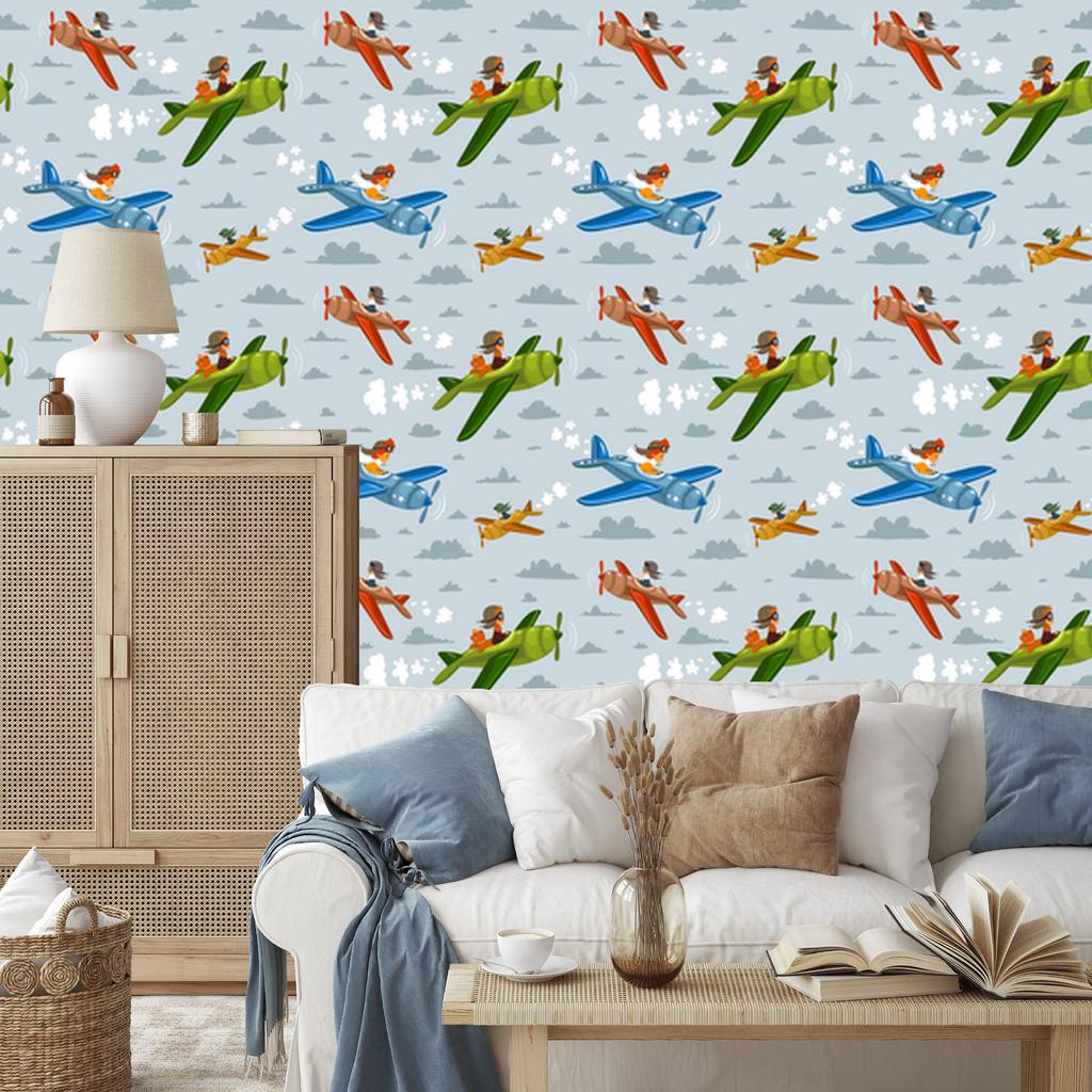 Children In Colorful Airplanes Wallpaper for Living Room and Bedroom 50x1000