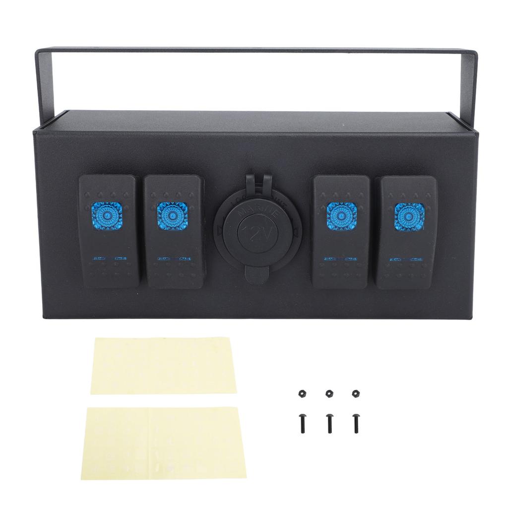 4 Gang Rocker Switch Box DC 12‑24V ON Off Toggle Panel Box with Cigarette Lighter Port Back Light for Boats Yachts RV