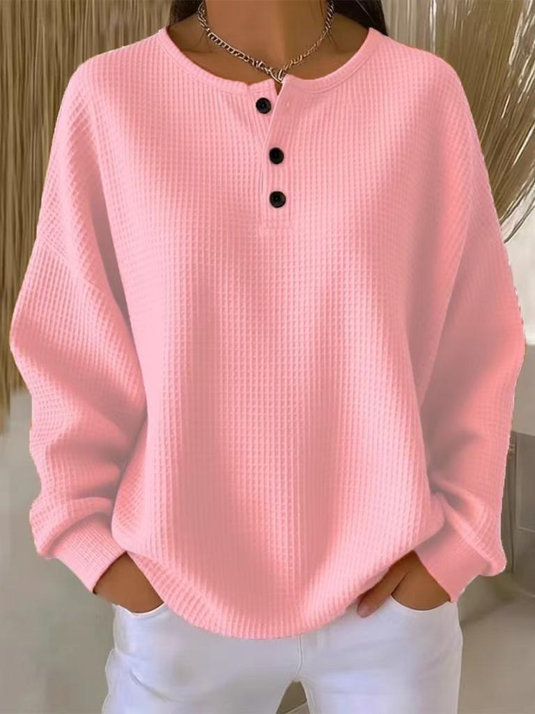 Women's Long Sleeve V-Neck Button Detail Waffle Knit Top