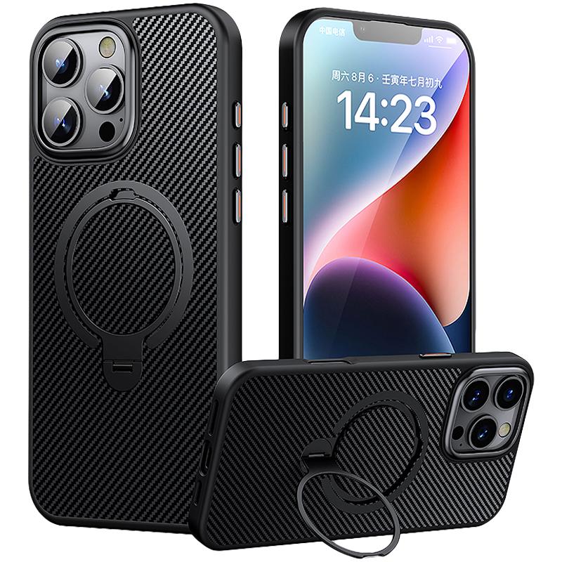

For iPhone 16 Pro Max Magnetic Case Carbon Fiber Texture PC+TPU Phone Cover Rotatable Kickstand Black