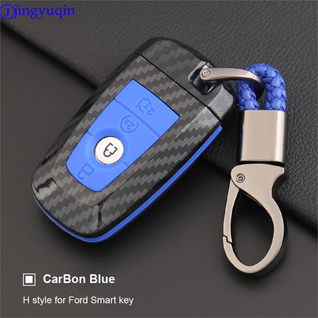 Jingyuqin 4B Carbon Fiber Silicone Key Case Cover for Ford Fusion Mustang Explorer F-150 F-250 F-350 2017 2018 Smart Key