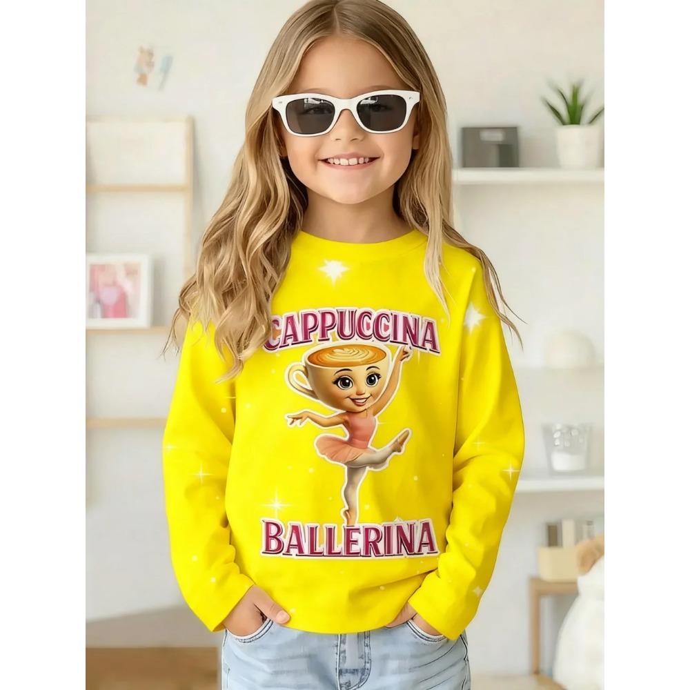 Spring and Autumn Round Neck 3D Cappuccina Ballerina Printed Top Fashionable Casual Long Sleeved Children's Girl T-shirts