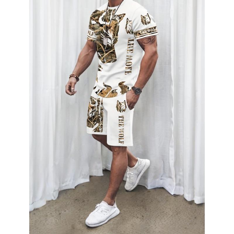 Men's Large Size Lion Pattern Print Fashion Round Neck Top T-shirt and Shorts Set