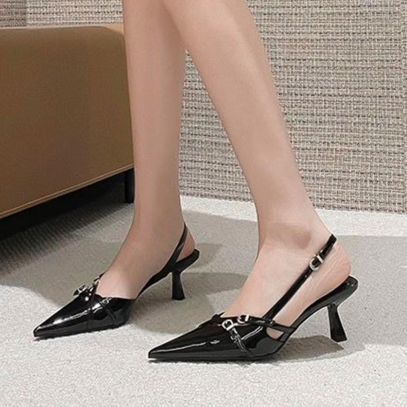 

Модные сандалии большого размера, лето 2025, новая сексуальная вечеринка, элегантные женские туфли-стилет с острым носком из лакированной кожи 34 чёрный