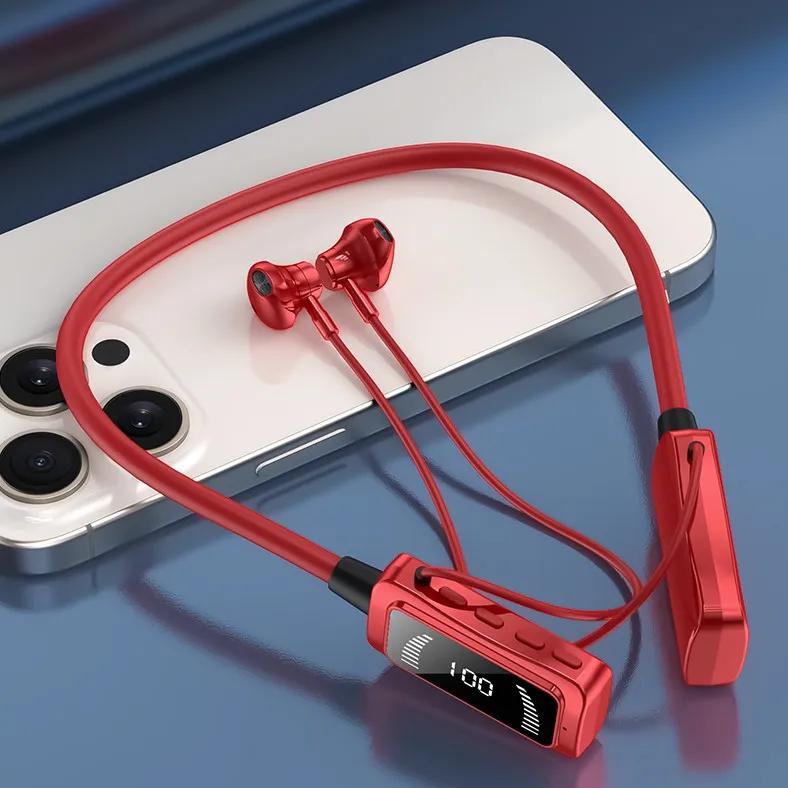 

Bluetooth 5.3 наушники светодиодный цифровой дисплей шейные наушники с защитой от пота 8H долговечные беспроводные стерео спортивные наушники TF карта красный