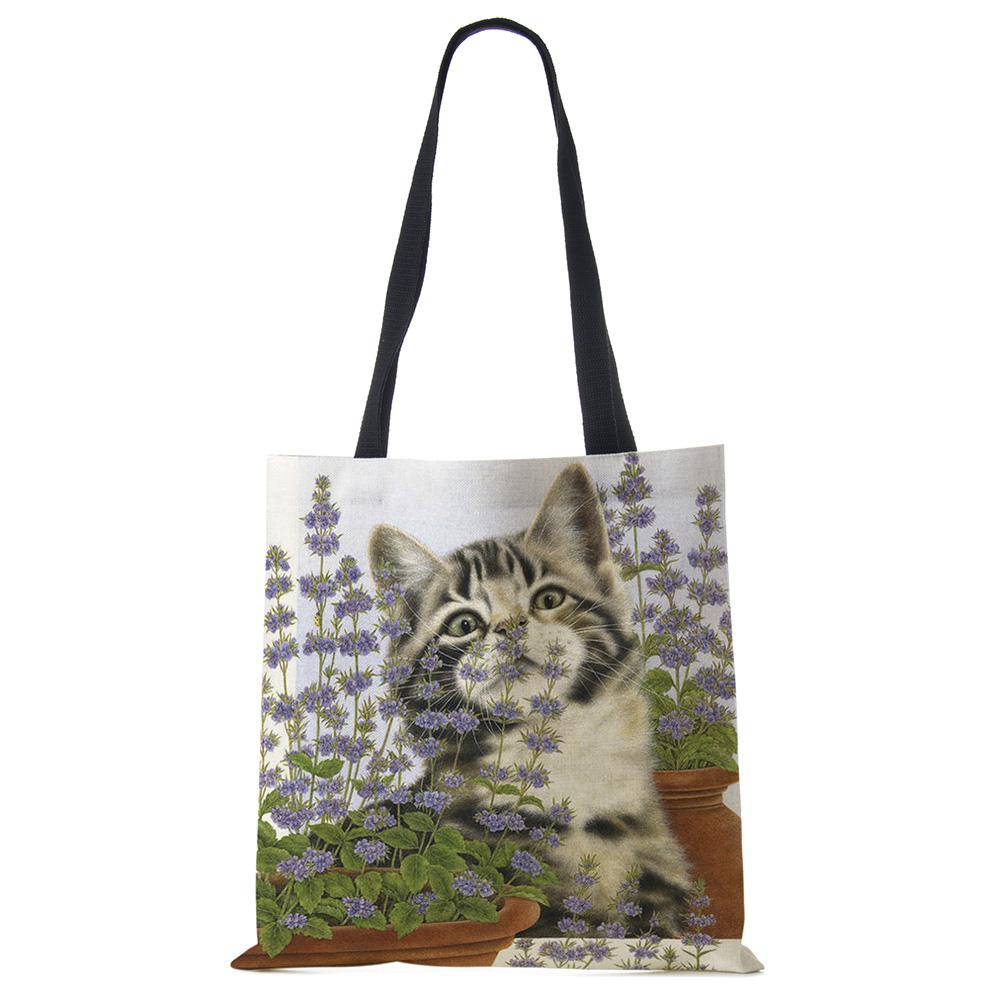 Süße Katze Blumen Malerei Druck Damen Designer Tragetaschen Damen Handtasche Große Einkaufstasche faltbar für Lebensmittel