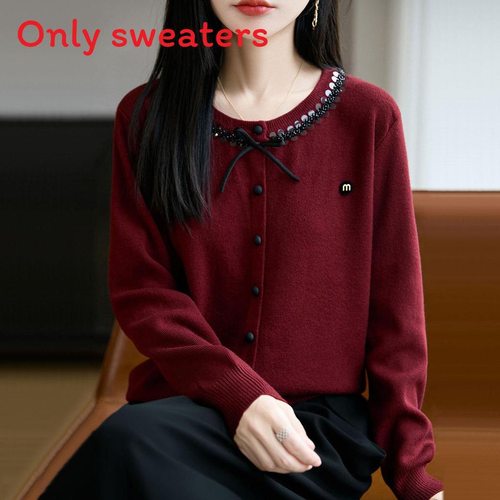 Womens Knit Cardigan With Sequins And Bow Decorations For Autumn Casual Wear