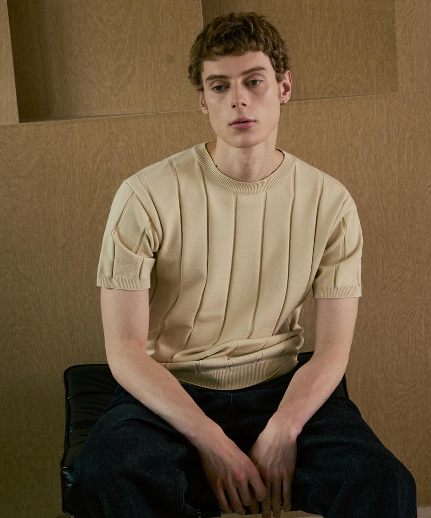 NODU Round Ribbed Short Sleeve Knit [Beige]
