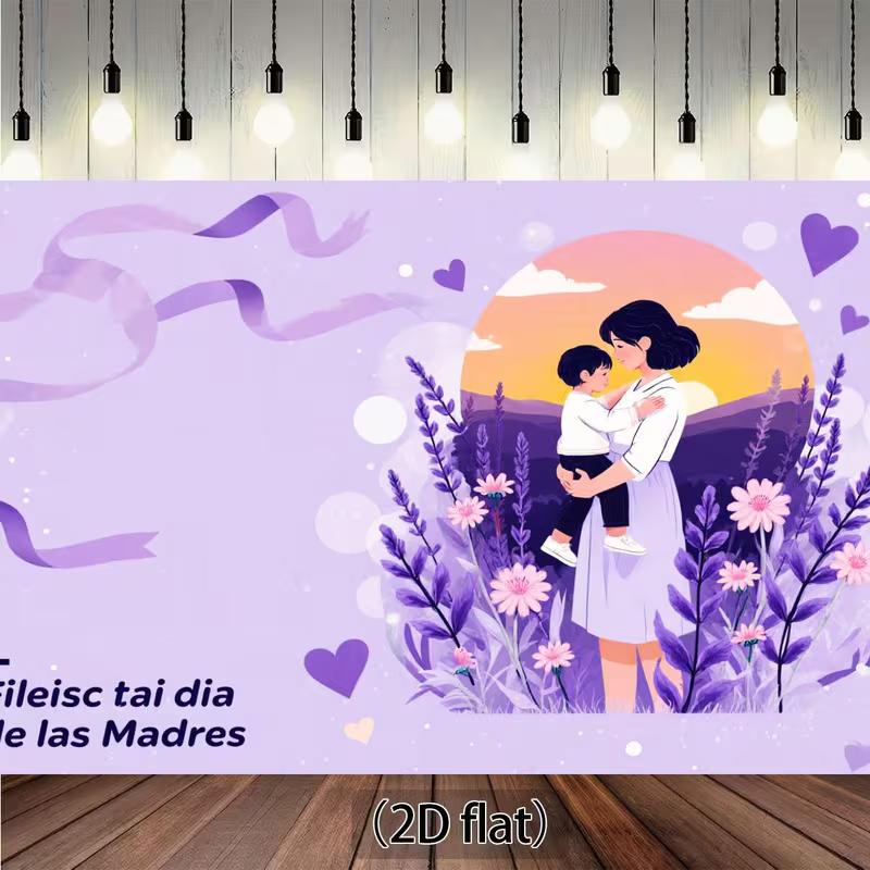 2D Purple Mother s Day Backdrop, Sunset & Mom Hugging Child Photo Background 47.2x31.5inch/120*80cm