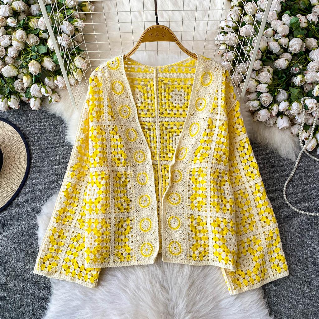Bohemian Herbst/Winter V-Ausschnitt Langarm Häkel-Ausschnitt All-Match Lockerer Cardigan
