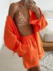 Women's Casual Shorts Sets 100% Cotton Solid Color Cozy Lapel Long Sleeve Shirt Summer Elastic Waist Shorts Suits