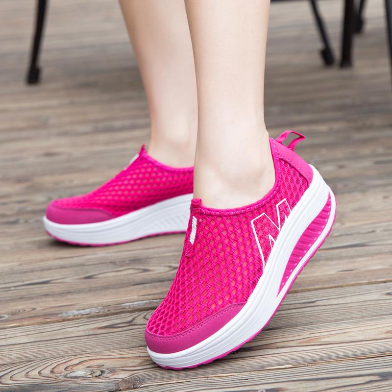 Sneakers for Women Summer Wedge Rocking Shoes Breathable Mesh Casual Shoes Thick Soled Women's Shoes Slip on Lazy Shoes