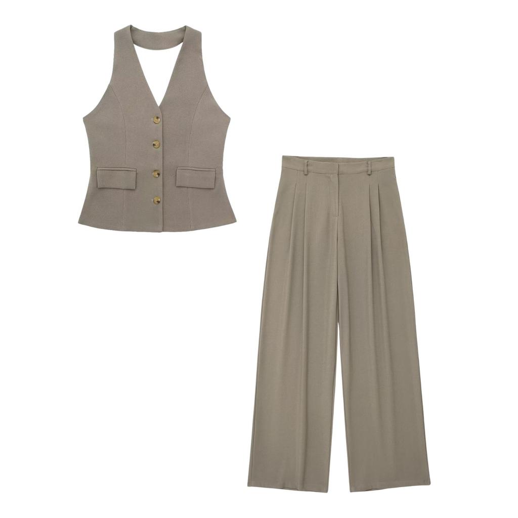 Women's Backless Halter Neck Vest, Pleated Wide Leg Pants