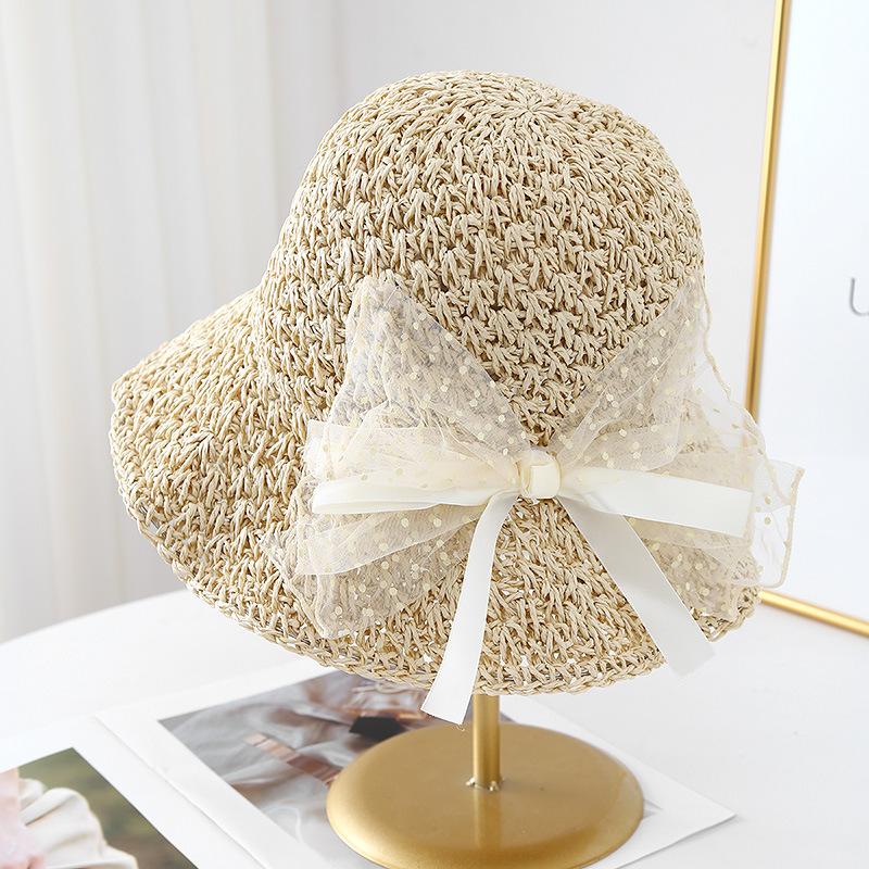 Lace Bow Straw Hat Summer Women's Beach Vacation Sun Hat Foldable Sunshade Sunscreen Bucket Hat