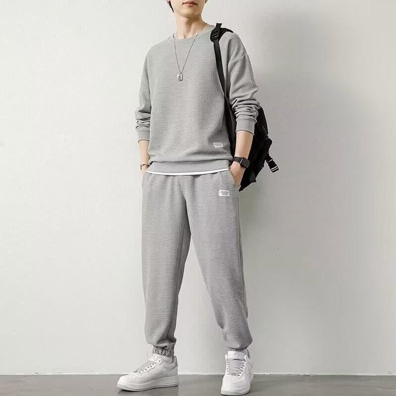 Men's Autumn Oversized Waffle Weave Suit Youth Loose-fitting Casual Sweatshirt + Sweatpants Simple Casual Two-piece Set