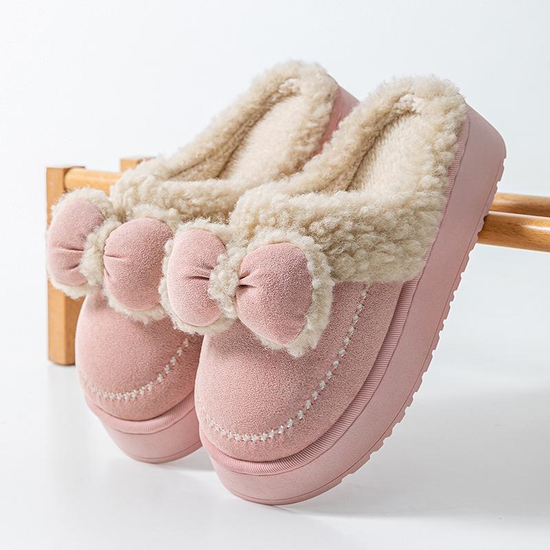 Bow Cotton Slippers Thickened Cotton Shoes Autumn and Winter Velvet Warm Comfortable Indoor Home and Outdoor Shoes