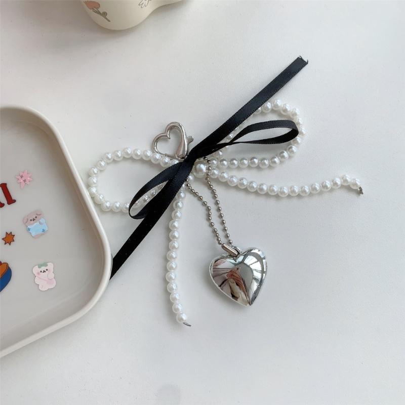 Handgemachter Schleifen-Schlüsselanhänger mit Perlenherz-Dekoration, Handy-Anhänger, Schlüsselring, Taschenanhänger für Handys und Geldbörsen