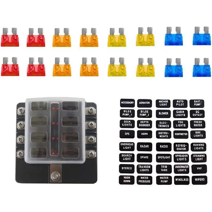 8 Way Blade Fuse Box Holder, 8 Way ATC/ATO Blade Fuse Holder Box, 8 Way ATC/ATO Blade Fuse Holder Box with 5A/1-A/15A/20A Fuses, 8 Way Blade Fuse
