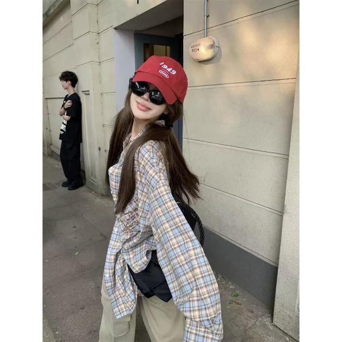 

Новая американская ретро рубашка в клетку свободного кроя для женщин с сильным чувством дизайна, с длинными рукавами, универсальный и непринужденный солнцезащитный топ 2XL