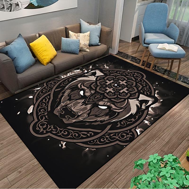 "Mandala Wolf Design Rug with Glowing Eyes On Black Background" Suitable for Use As an Anti-slip for Living Room Bedroom Sofas