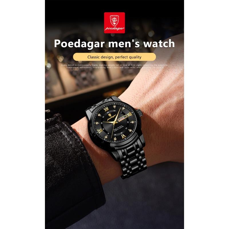 POEDAGAR Sport Casual Man Wristwatch Waterproof Stainless Steel Luminous Original Watch Date Week Quartz Watches Reloj
