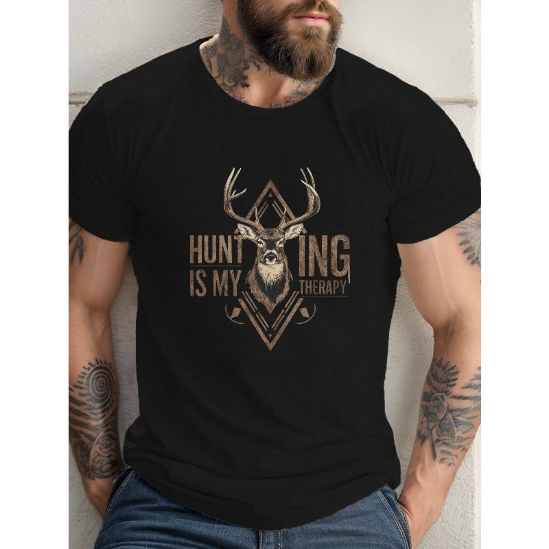 Men's Summer T-shirt, Hunting Therapy Graphic Print Short Sleeve Tees, Trendy Casual Tops For Daily Life, Big & Tall