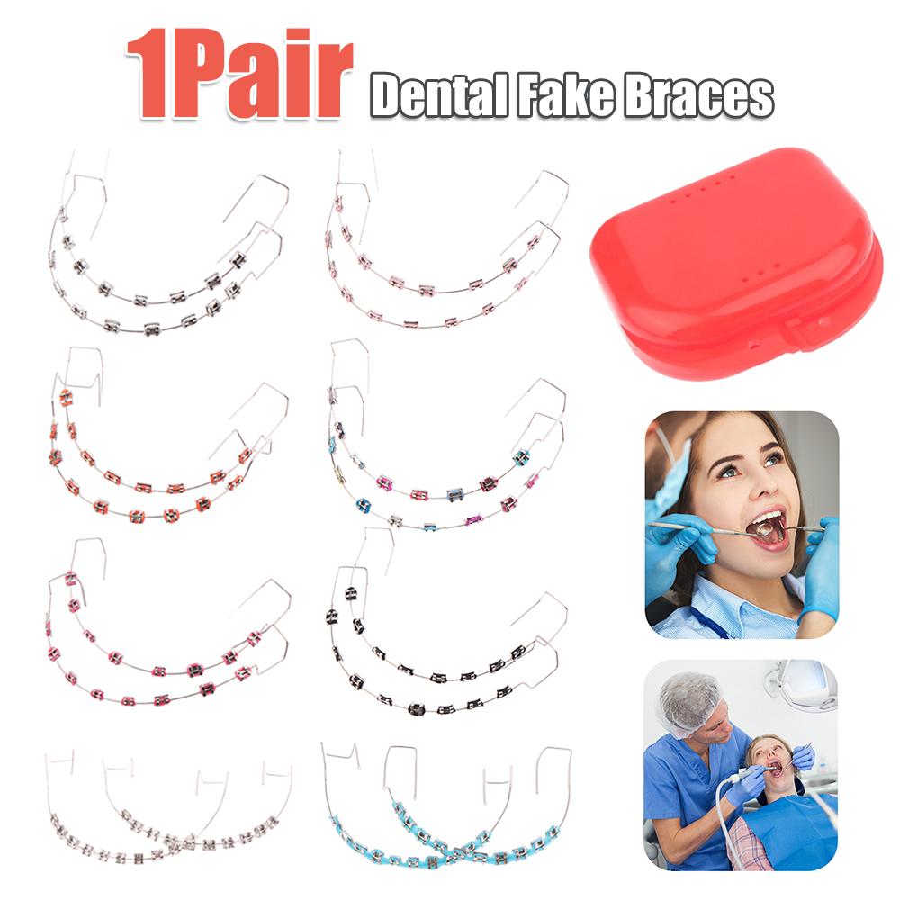 1 Pereche Aparate Dentare False cu Cutie de Depozitare Decorațiune Dentară Temporară Arcuri Metalice Bracket Legături Ortodontice Instrument Dentar