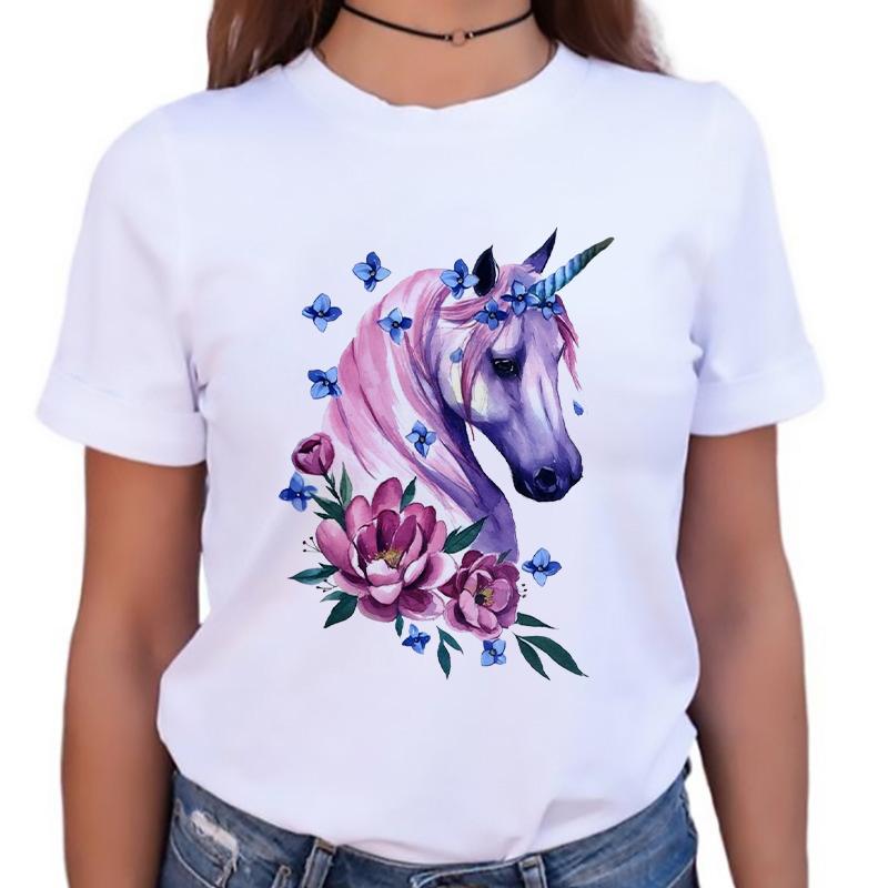 Womens Tshirt Stylish O-Neck Short Sleeve Cartoon Horse Simple Female Tee Tshirts Summer Clothes White Tops 90S Female T Shirt