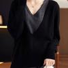 Top for Women Autumn Winter Large Size Loose Long Sleeve Faux Two-piece Versatile V-Neck Pullover Top