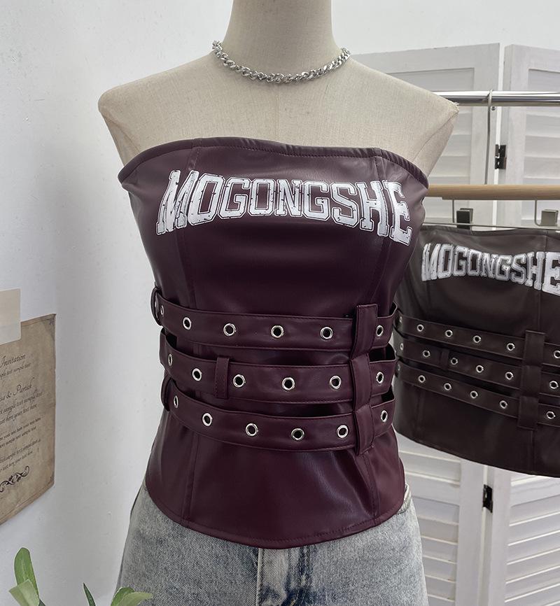 

American Retro Strapless PU Leather Top with Anti-Slip Strips & Chest Pad One Size вино красного