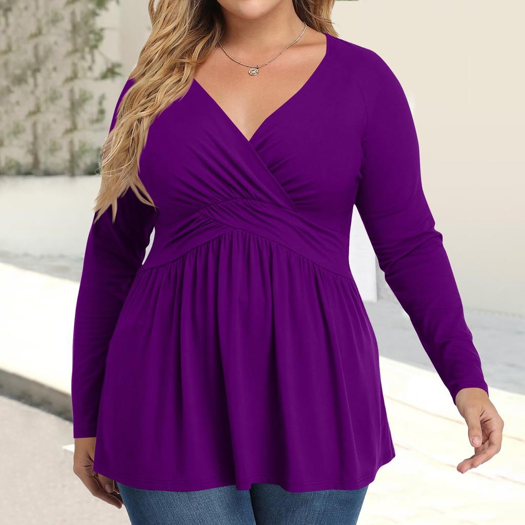 Women's Plus Size Shirt Long Sleeve  Print Top Pleated Casual V-Neck Top
