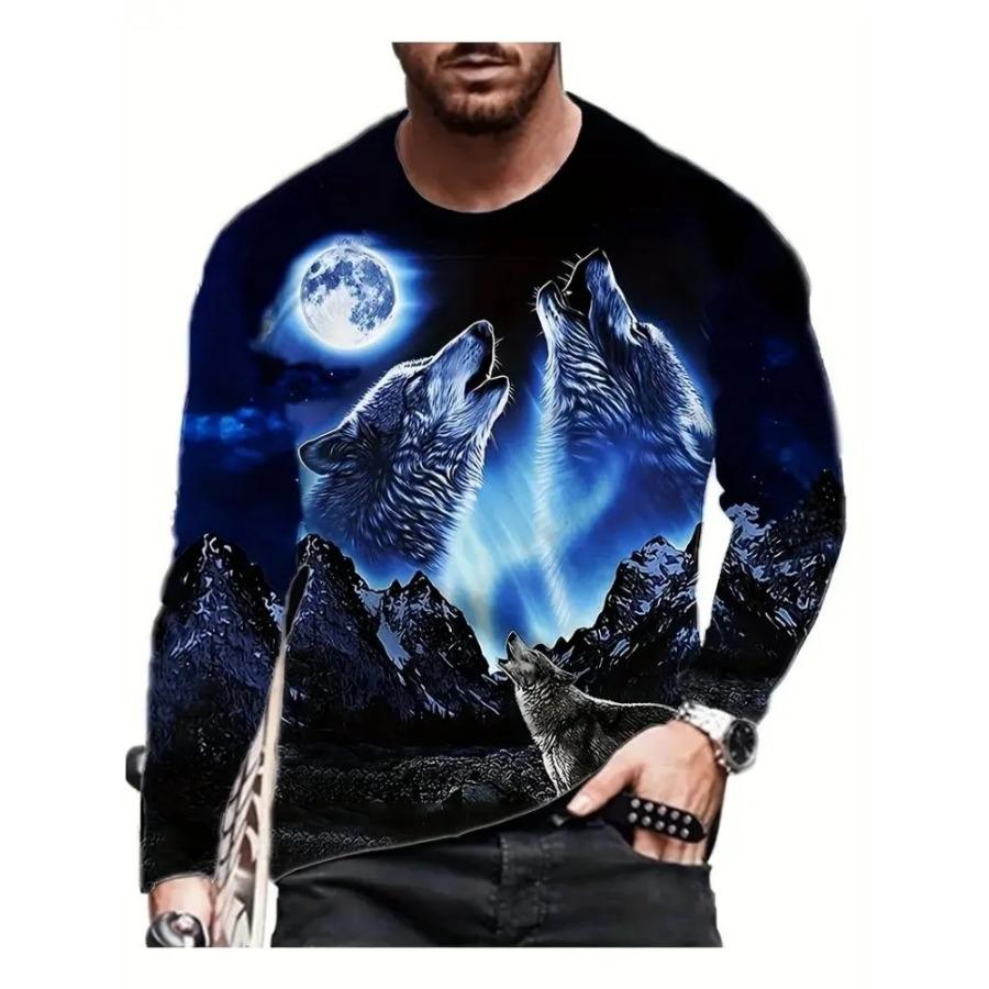 T Shirt for Mens Wolf Pattern Print Long Sleeve Leisure 3D Polyester Man's T-shirts