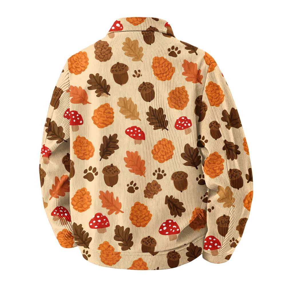 Men's Casual Corduroy Jacket with Pockets Zip-Up Long Sleeve Printed Outerwear for Fall