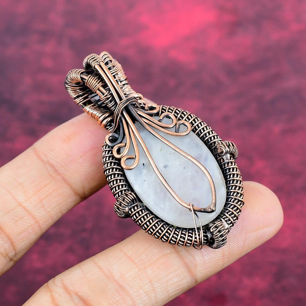 Rainbow Moonstone Pendant Gemstone Copper Wire Wrapped Jewelry Handmade Pendant