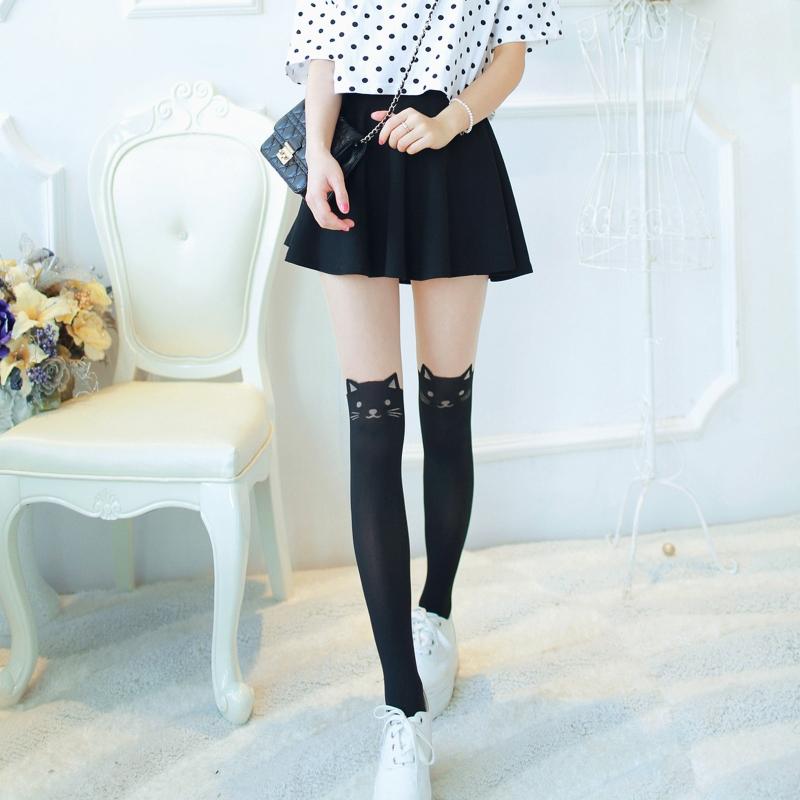 Sexy Women for Cat Tail Faux Thigh High Hosiery Pantyhose Tattoo Tights Japanese Cartoon Pattern Black Stockings Hosiery